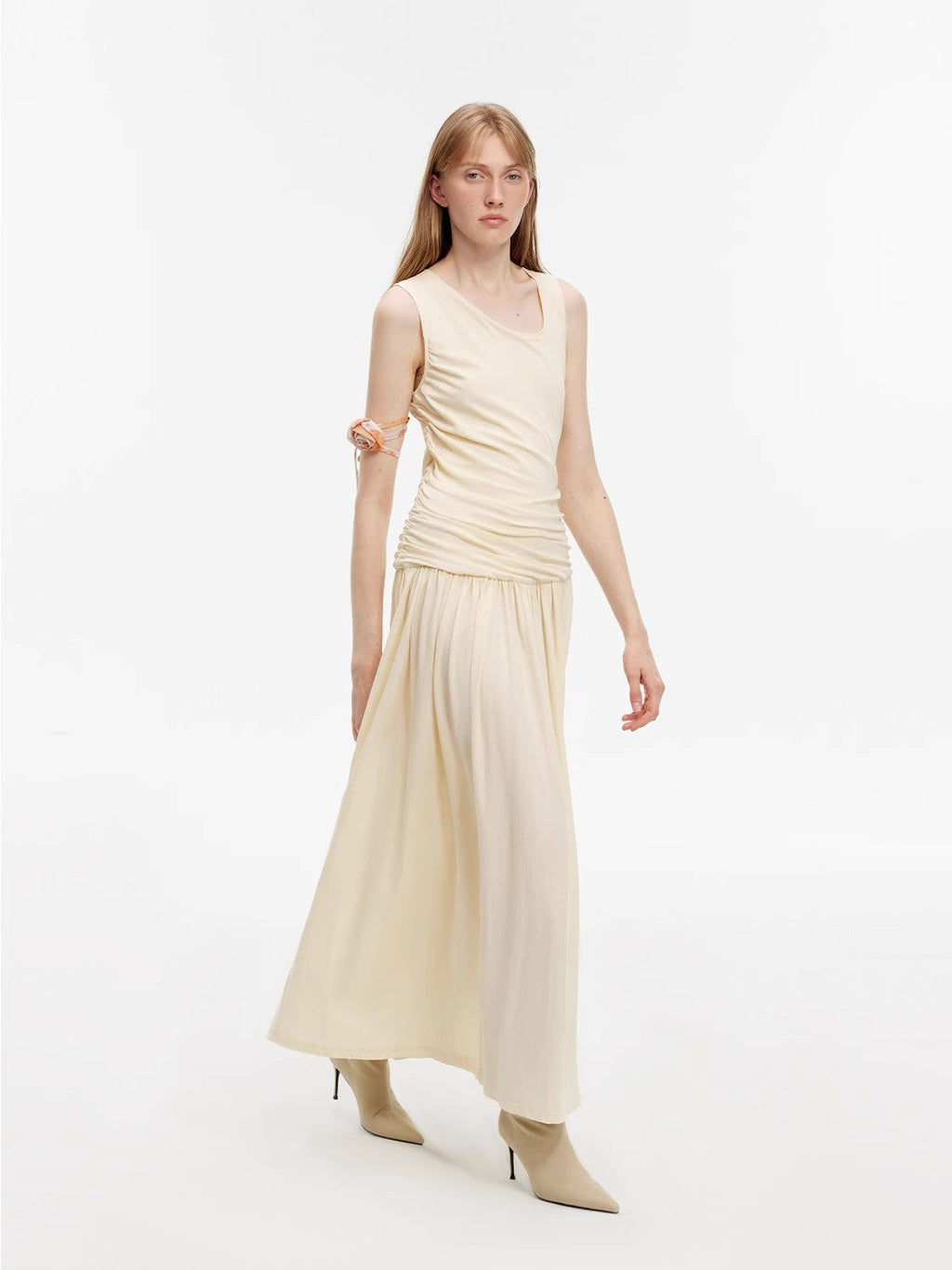 "Casual Commuting" light luxury mercerized cotton special-shaped collar waist irregular lazy long dress-0