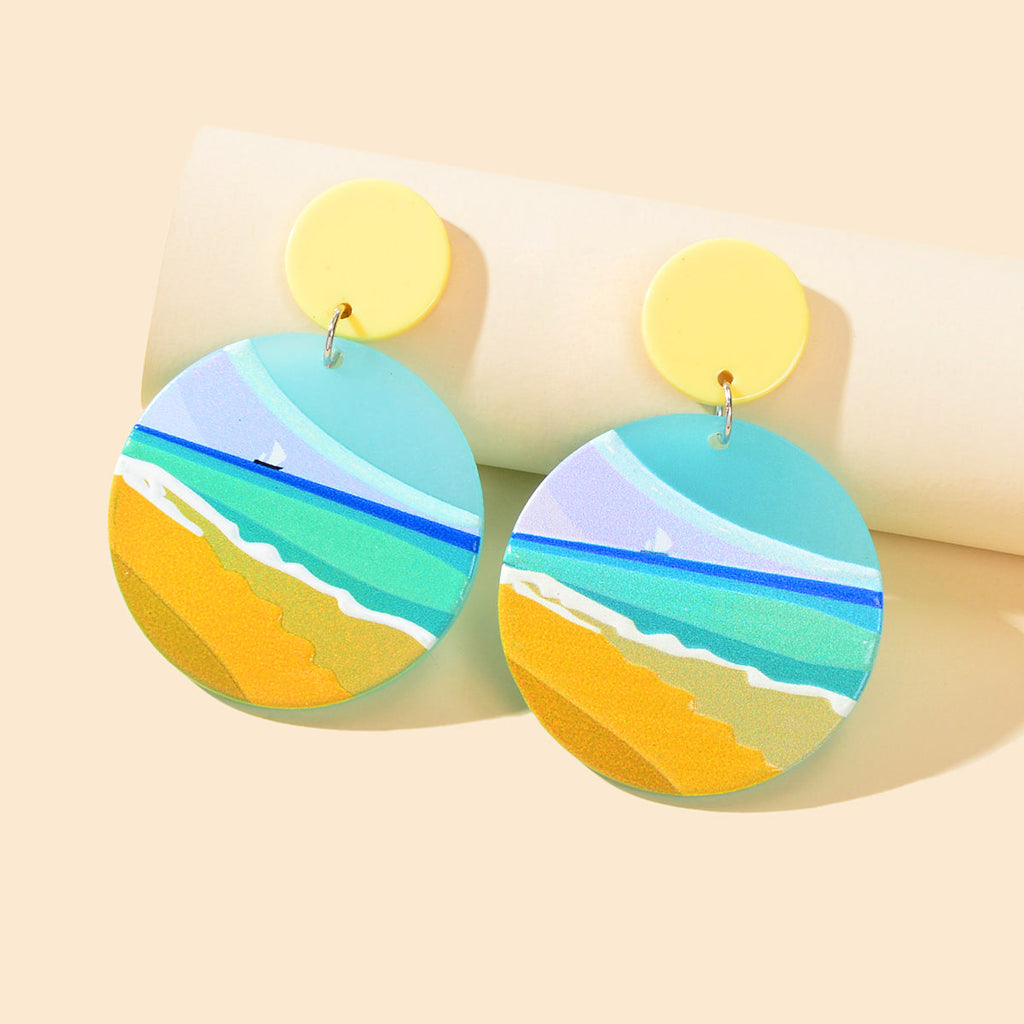 Summer Beach Vacation Jewelry Bohemian Resin Beach Pattern Round Dangle Earrings-0