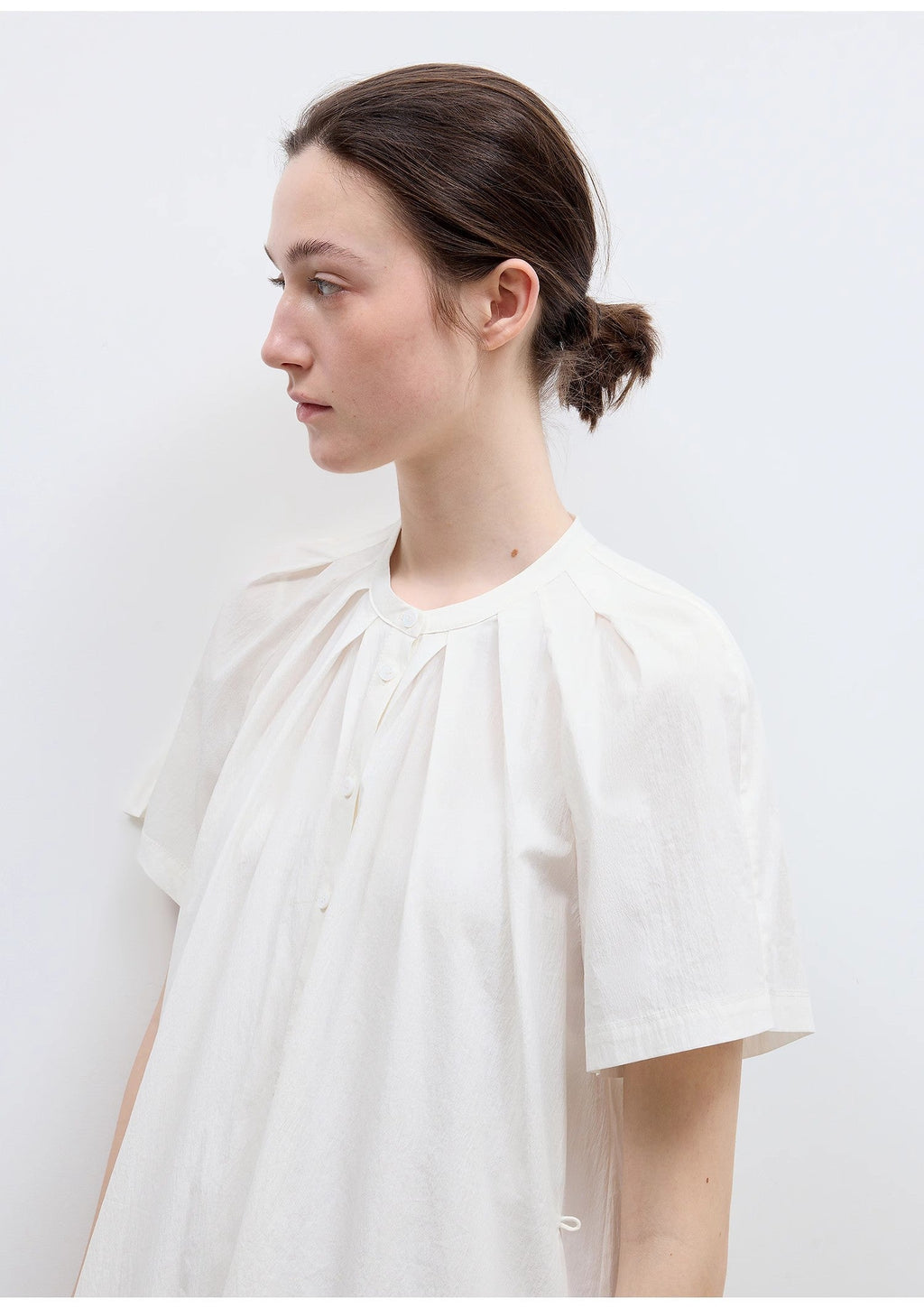 "First Love Island" Cotton Stand Collar Pleated Short Sleeve Shirt Dress for Women-1