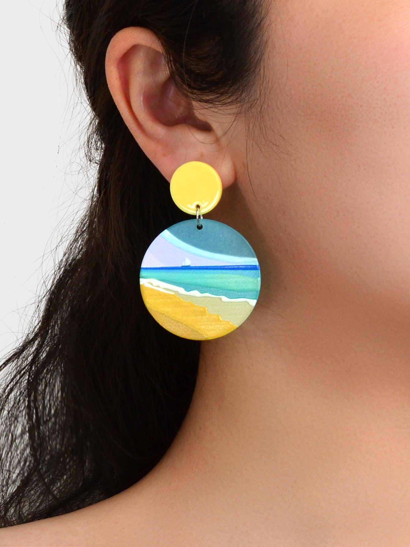 Summer Beach Vacation Jewelry Bohemian Resin Beach Pattern Round Dangle Earrings-1