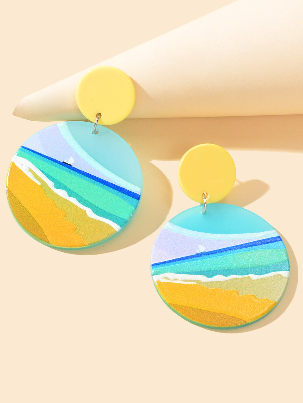 Summer Beach Vacation Jewelry Bohemian Resin Beach Pattern Round Dangle Earrings-2
