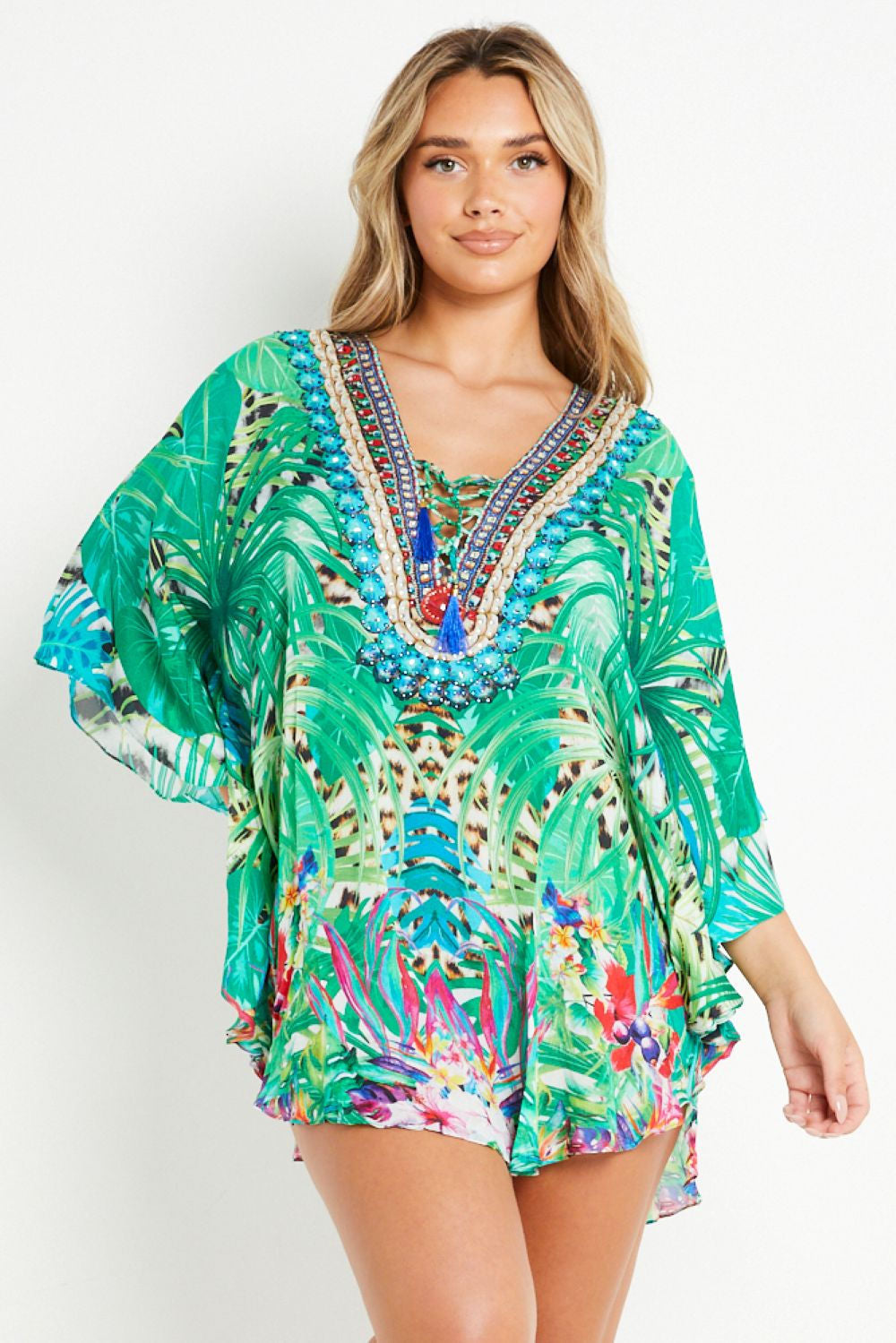 Tropical Green Short Beach Dress Kaftan-0