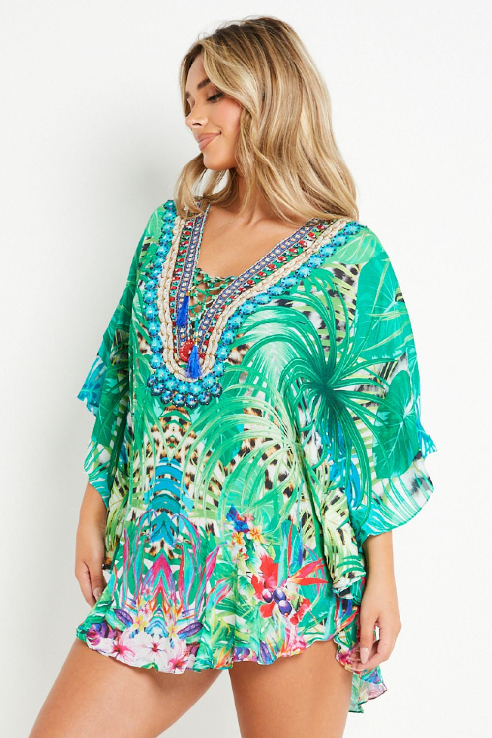 Tropical Green Short Beach Dress Kaftan-1
