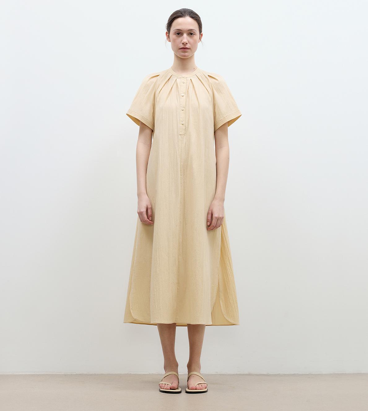 "First Love Island" Cotton Stand Collar Pleated Short Sleeve Shirt Dress for Women-5