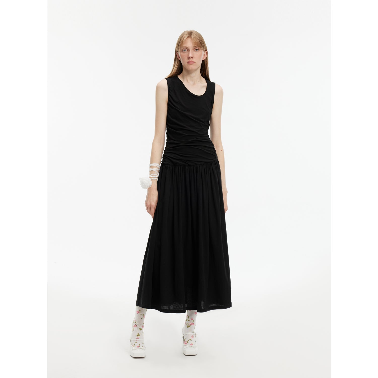 "Casual Commuting" light luxury mercerized cotton special-shaped collar waist irregular lazy long dress-5