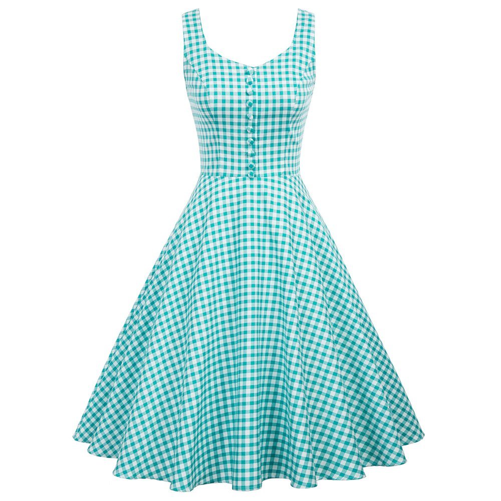 Belle Poque Cotton Dress Women Sleeveless V-Neck Buttons Grid Plaid Dresses Ladies Summer Knee Length Flare Swing A-Line Dress-0