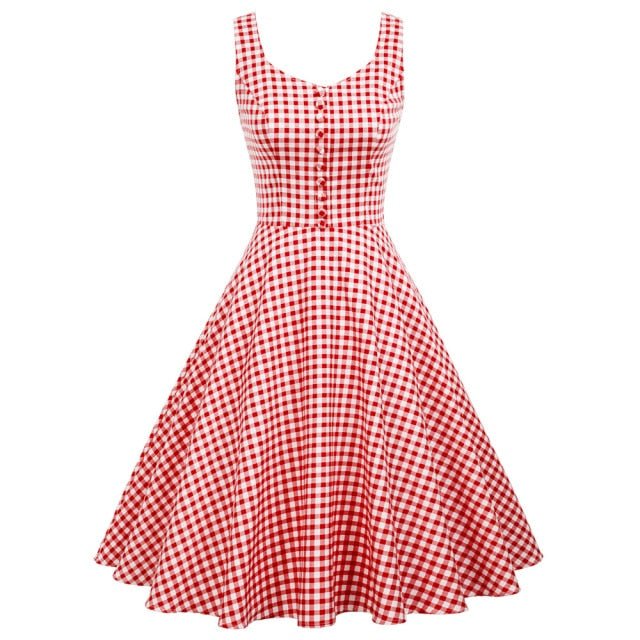 Belle Poque Cotton Dress Women Sleeveless V-Neck Buttons Grid Plaid Dresses Ladies Summer Knee Length Flare Swing A-Line Dress-1