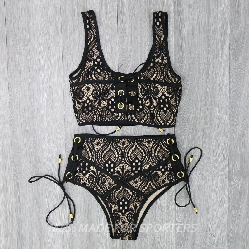 Bikini Set Lace High Waist Bandage Swimsuits Hollow out Sexy-2