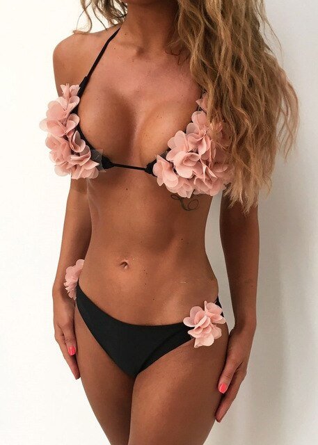 Bikinis Set Low Waist Petal Floral High Leg Bandeau Thong-4