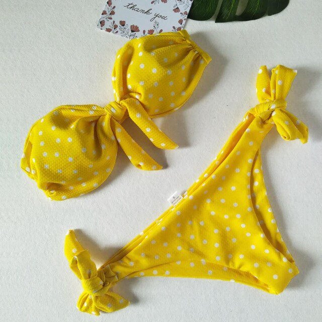 Bikinis Set Vintage Dot Print Tie Bowknot Strapless Swimwear Sexy-3