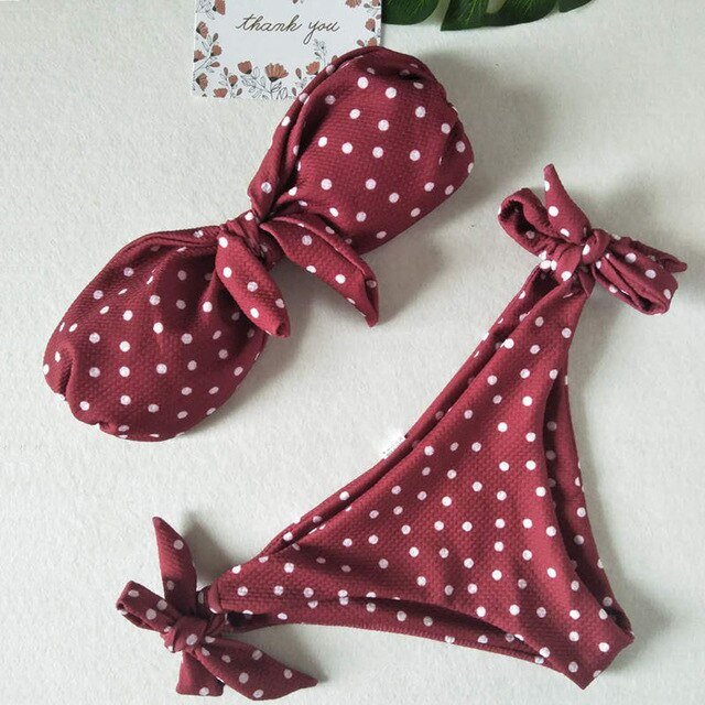 Bikinis Set Vintage Dot Print Tie Bowknot Strapless Swimwear Sexy-6