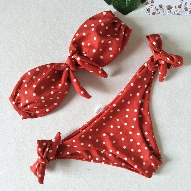 Bikinis Set Vintage Dot Print Tie Bowknot Strapless Swimwear Sexy-2