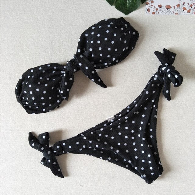 Bikinis Set Vintage Dot Print Tie Bowknot Strapless Swimwear Sexy-5