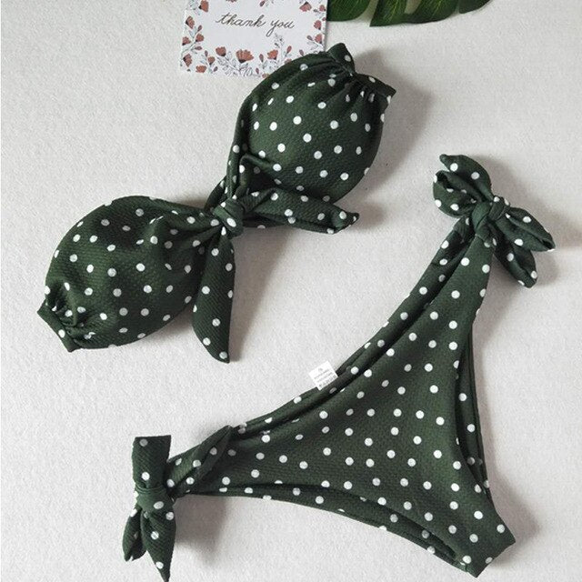 Bikinis Set Vintage Dot Print Tie Bowknot Strapless Swimwear Sexy-1