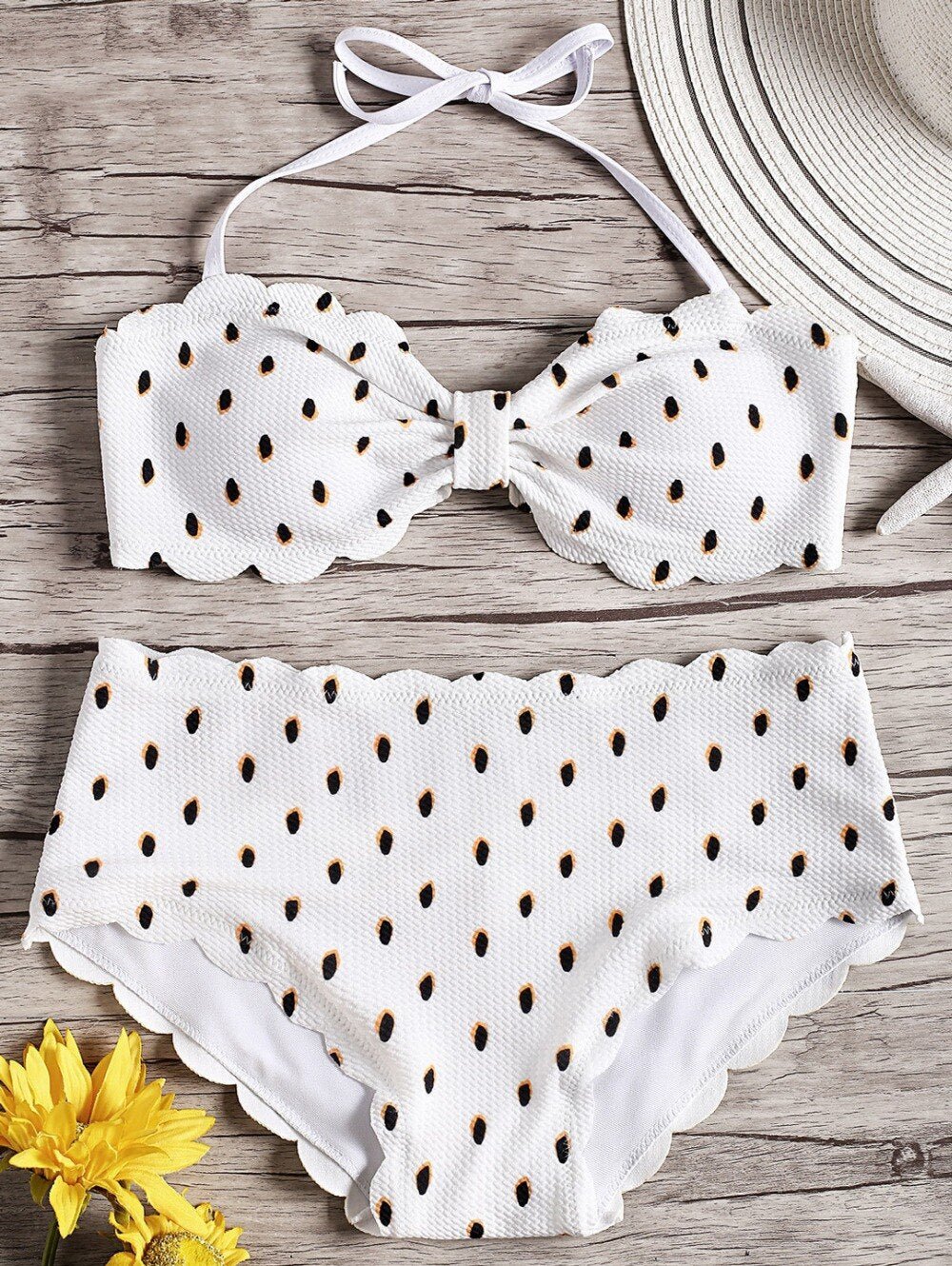 Bikinis Set Vintage Wavy Edge Dot Print Halter Strapless Swimwear Sexy Two Piece Women-4