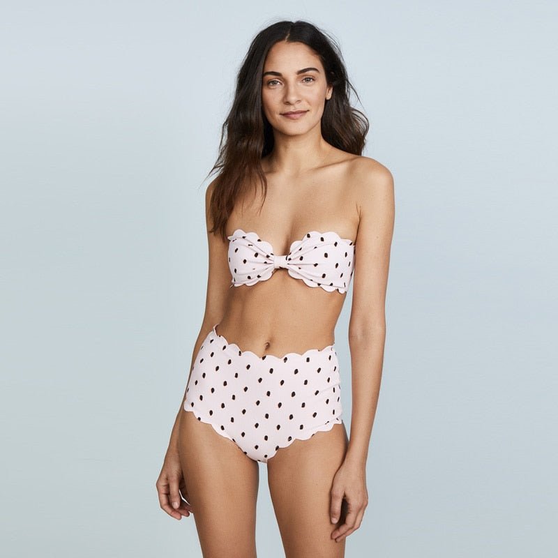 Bikinis Set Vintage Wavy Edge Dot Print Halter Strapless Swimwear Sexy Two Piece Women-0