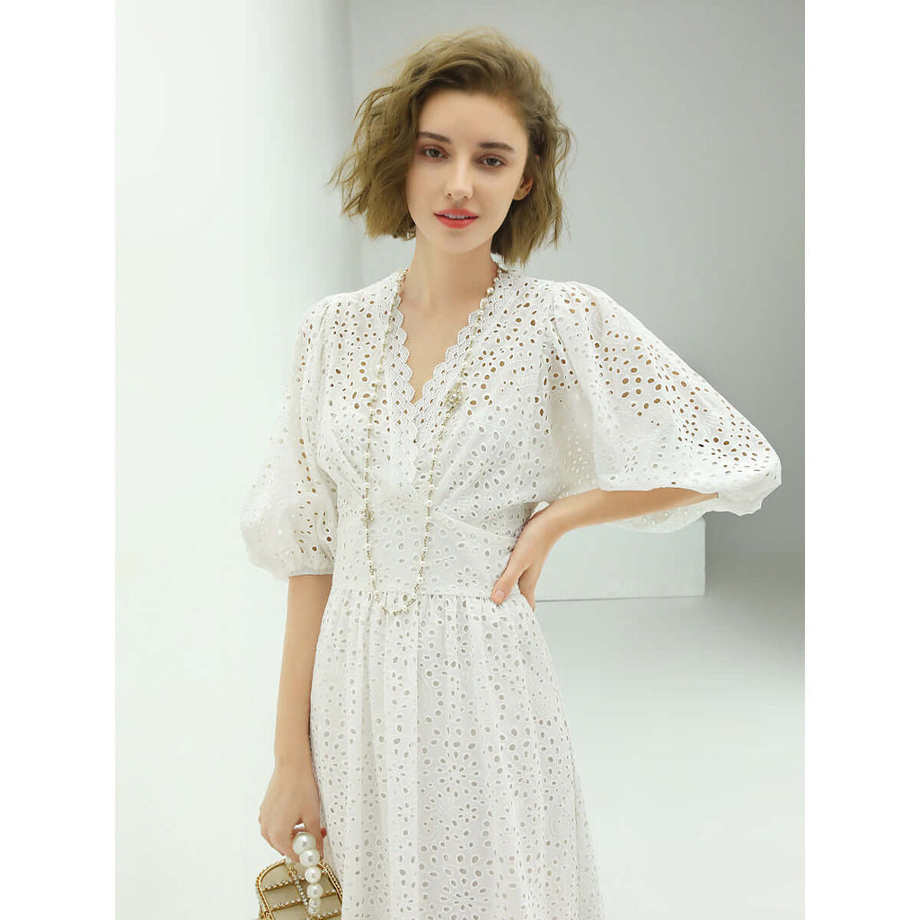 Delicate French Lace Cutwork White Cotton Dress-2