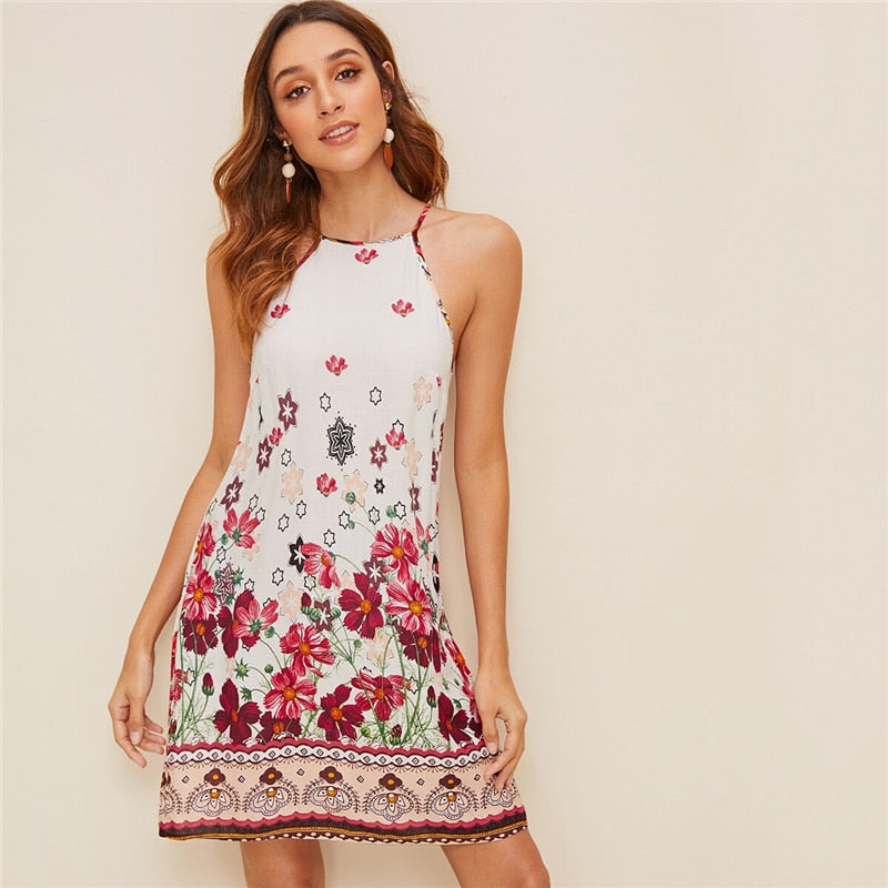Floral Print Spaghetti Strap Boho Beach Straight Dress Women Summer Holiday Sleeveless Button Back Short Cami Dresses-1