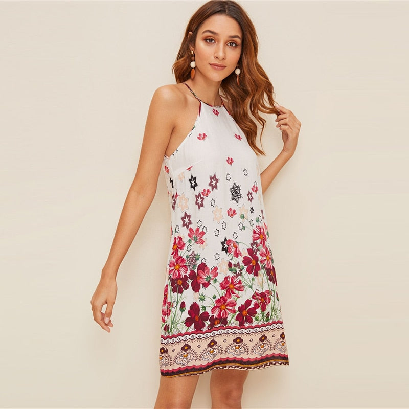 Floral Print Spaghetti Strap Boho Beach Straight Dress Women Summer Holiday Sleeveless Button Back Short Cami Dresses-3