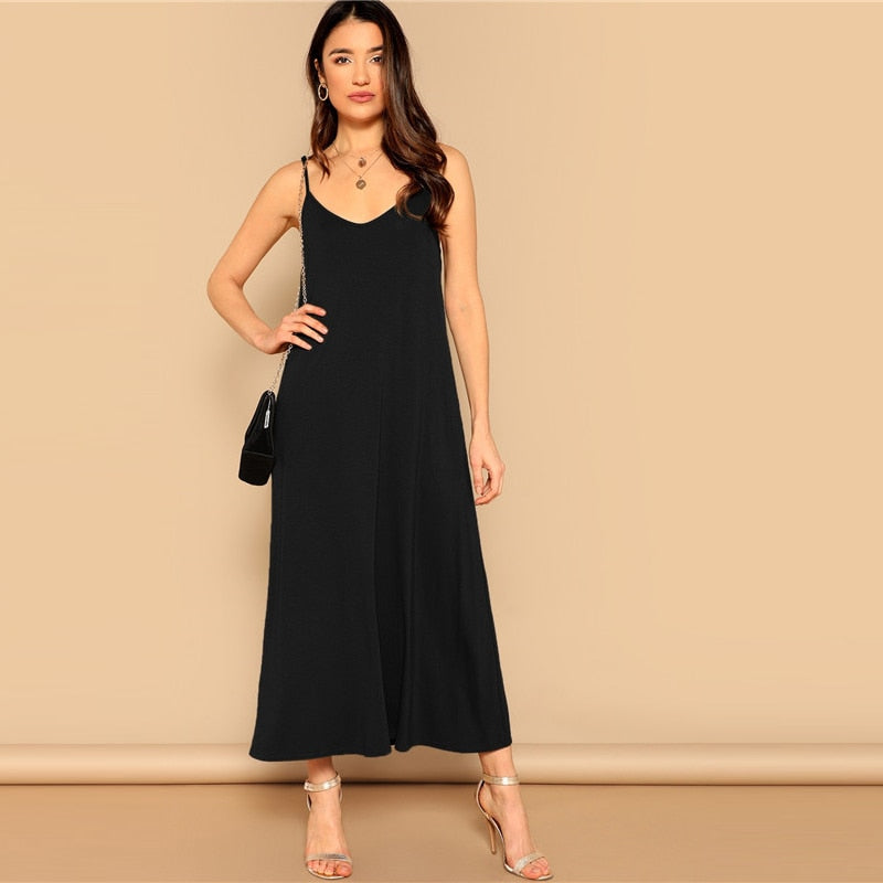 Pocket Patched Swing Cami Summer Dress Women Clothes Solid Casual Sleeveless Straight Maxi Dress Ladies Black Dress-4