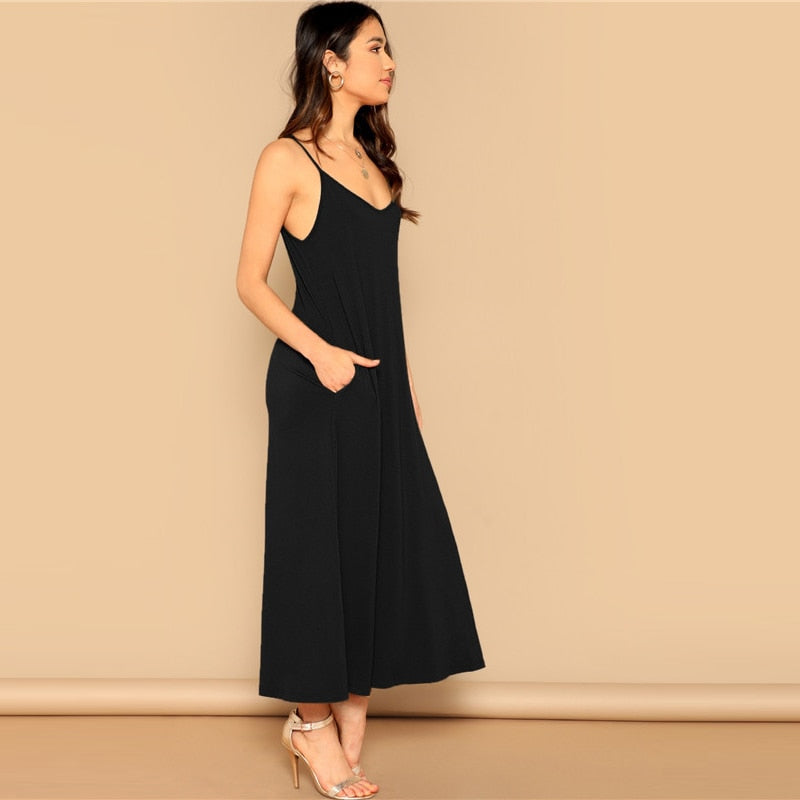 Pocket Patched Swing Cami Summer Dress Women Clothes Solid Casual Sleeveless Straight Maxi Dress Ladies Black Dress-1