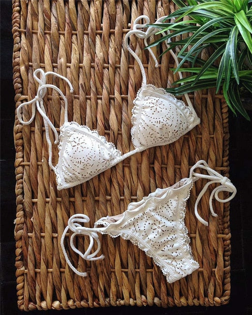 Triangle Bikini Set Bohemian Swimwear Hollow Out Low Waist Sexy-1