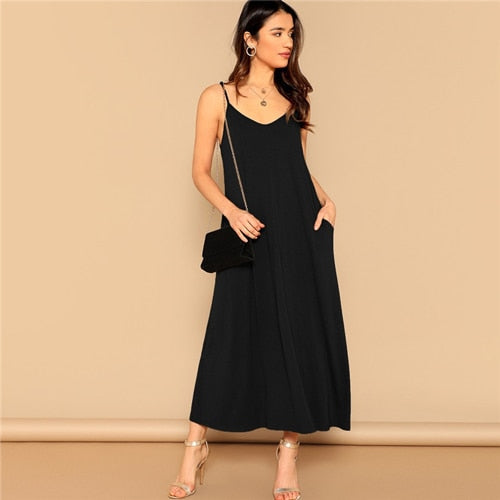Pocket Patched Swing Cami Summer Dress Women Clothes Solid Casual Sleeveless Straight Maxi Dress Ladies Black Dress-0