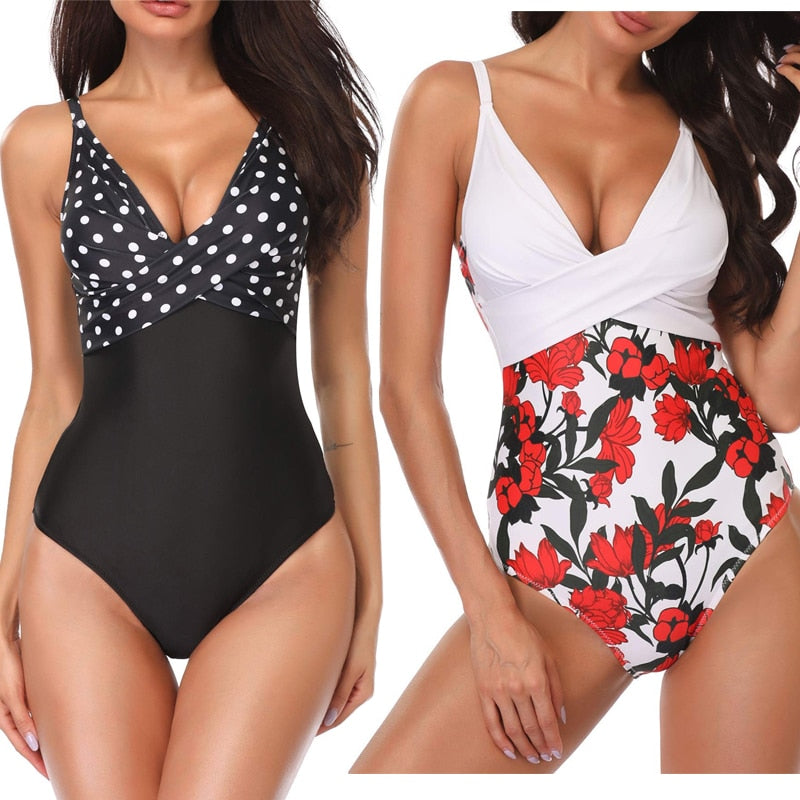 One Piece Swimsuit Women Print Sexy Black White Bodysuit Swimwear-0