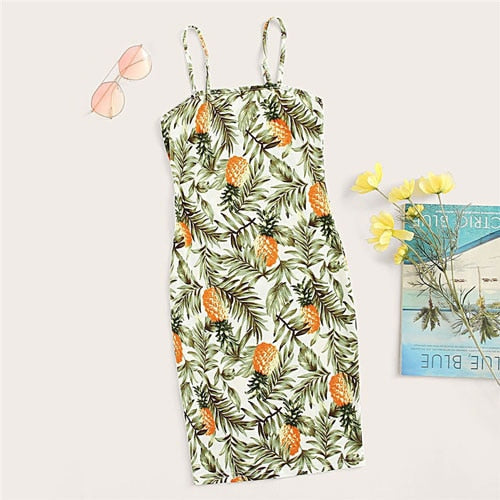 Allover Pineapple Tropical Print Cami Dress Multicolor Sleeveless Sheath Mini Dresses Women Summer Vacation Beach Dress-4