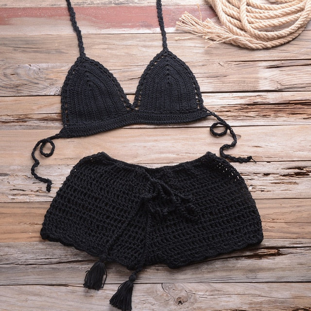 Sexy Crochet Bikini Two Pieces Set Halter Bra Tie Top Knitted Shorts Biquini Summer Beach Swimwear Hollow Swimsuit Bathing Suit-6