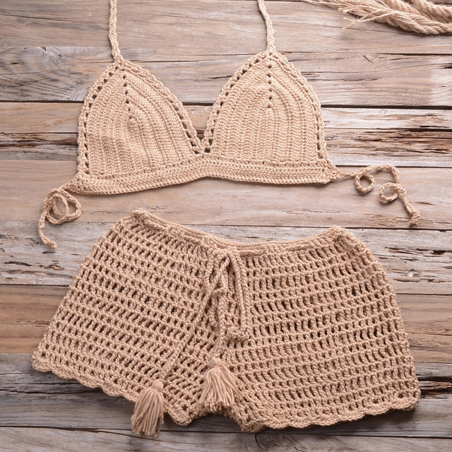 Sexy Crochet Bikini Two Pieces Set Halter Bra Tie Top Knitted Shorts Biquini Summer Beach Swimwear Hollow Swimsuit Bathing Suit-7