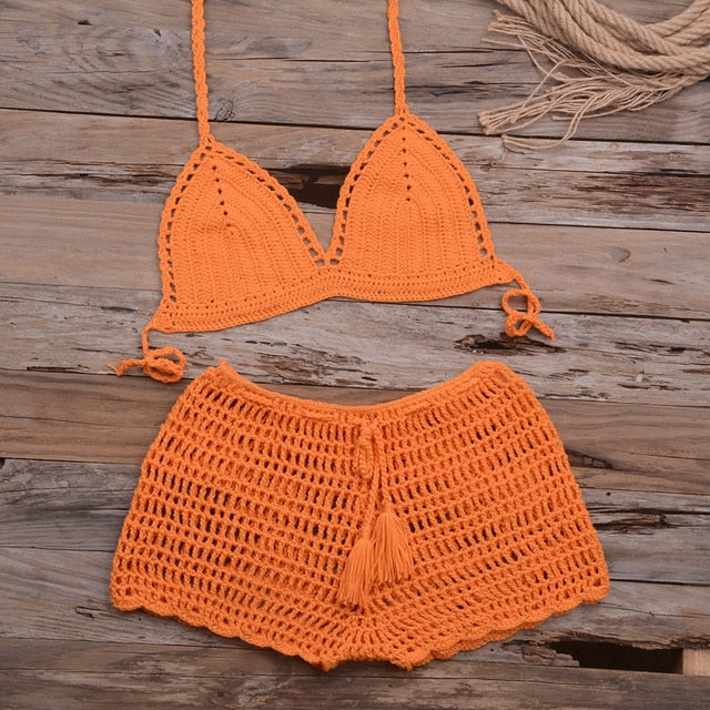 Sexy Crochet Bikini Two Pieces Set Halter Bra Tie Top Knitted Shorts Biquini Summer Beach Swimwear Hollow Swimsuit Bathing Suit-13