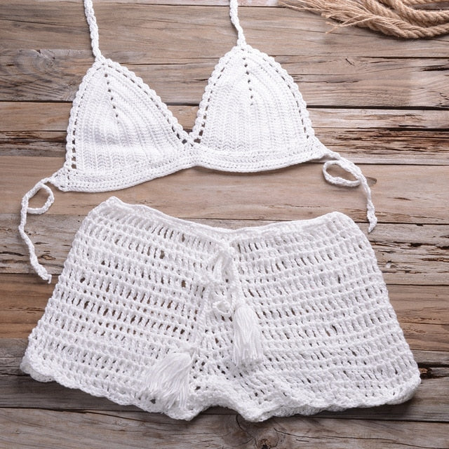 Sexy Crochet Bikini Two Pieces Set Halter Bra Tie Top Knitted Shorts Biquini Summer Beach Swimwear Hollow Swimsuit Bathing Suit-5