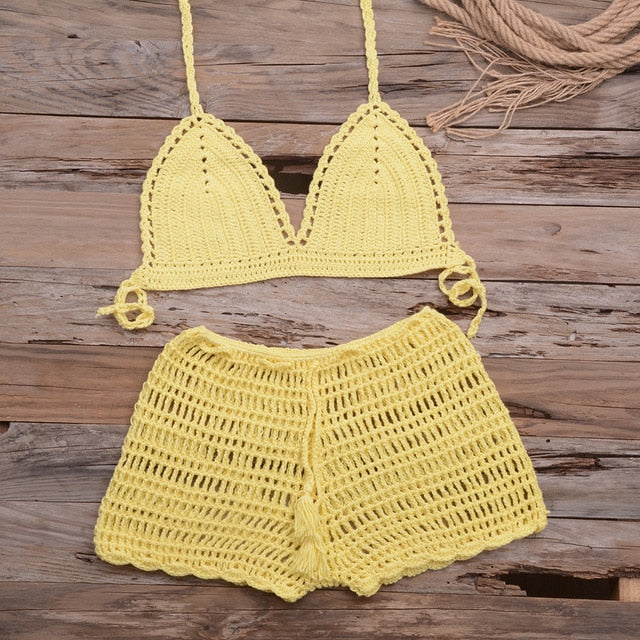 Sexy Crochet Bikini Two Pieces Set Halter Bra Tie Top Knitted Shorts Biquini Summer Beach Swimwear Hollow Swimsuit Bathing Suit-8