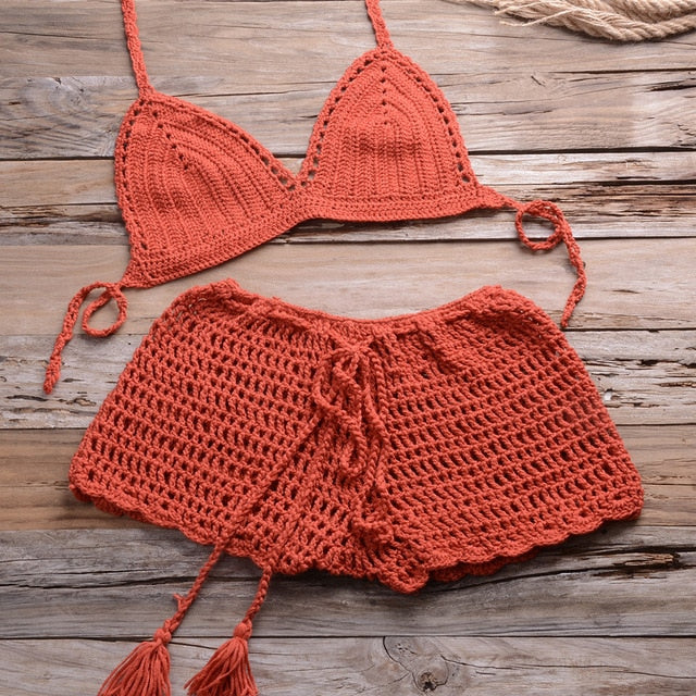 Sexy Crochet Bikini Two Pieces Set Halter Bra Tie Top Knitted Shorts Biquini Summer Beach Swimwear Hollow Swimsuit Bathing Suit-9