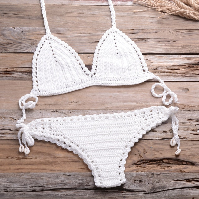 Sexy Crochet Bikini Two Pieces Set Halter Bra Tie Top Knitted Shorts Biquini Summer Beach Swimwear Hollow Swimsuit Bathing Suit-3