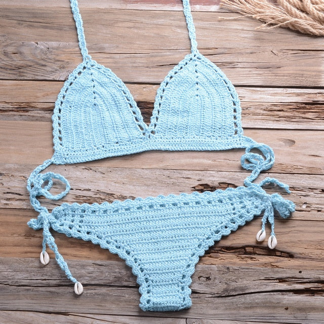 Sexy Crochet Bikini Two Pieces Set Halter Bra Tie Top Knitted Shorts Biquini Summer Beach Swimwear Hollow Swimsuit Bathing Suit-16