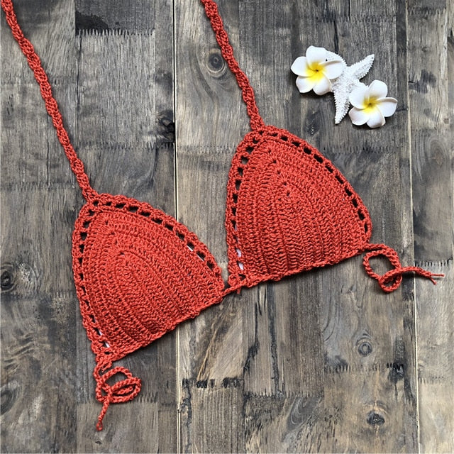 Sexy Crochet Bikini Two Pieces Set Halter Bra Tie Top Knitted Shorts Biquini Summer Beach Swimwear Hollow Swimsuit Bathing Suit-15