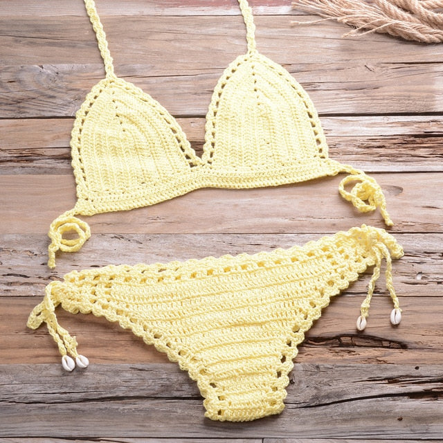 Sexy Crochet Bikini Two Pieces Set Halter Bra Tie Top Knitted Shorts Biquini Summer Beach Swimwear Hollow Swimsuit Bathing Suit-19