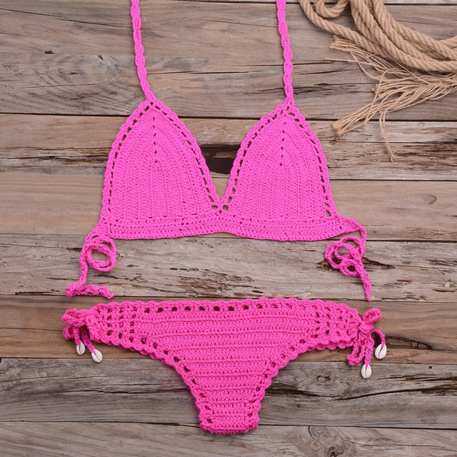 Sexy Crochet Bikini Two Pieces Set Halter Bra Tie Top Knitted Shorts Biquini Summer Beach Swimwear Hollow Swimsuit Bathing Suit-22