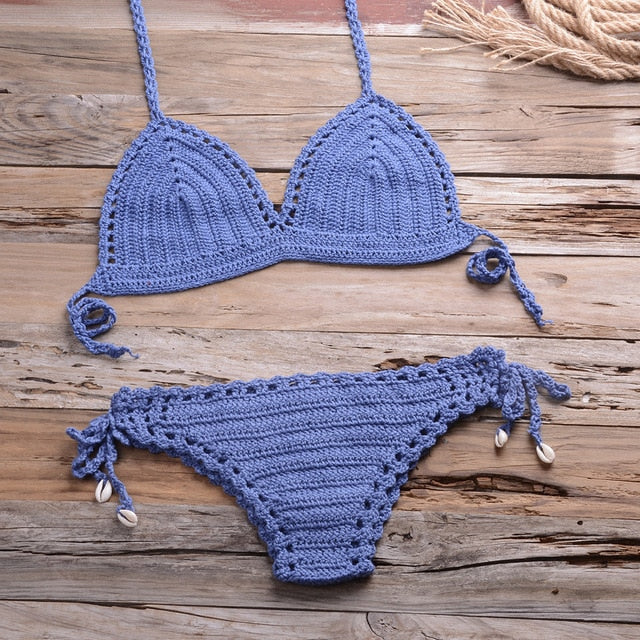 Sexy Crochet Bikini Two Pieces Set Halter Bra Tie Top Knitted Shorts Biquini Summer Beach Swimwear Hollow Swimsuit Bathing Suit-18