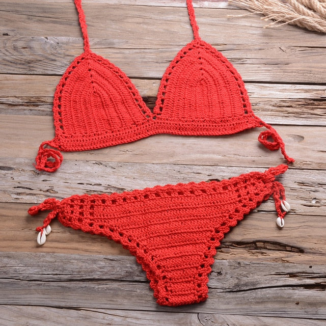 Sexy Crochet Bikini Two Pieces Set Halter Bra Tie Top Knitted Shorts Biquini Summer Beach Swimwear Hollow Swimsuit Bathing Suit-17