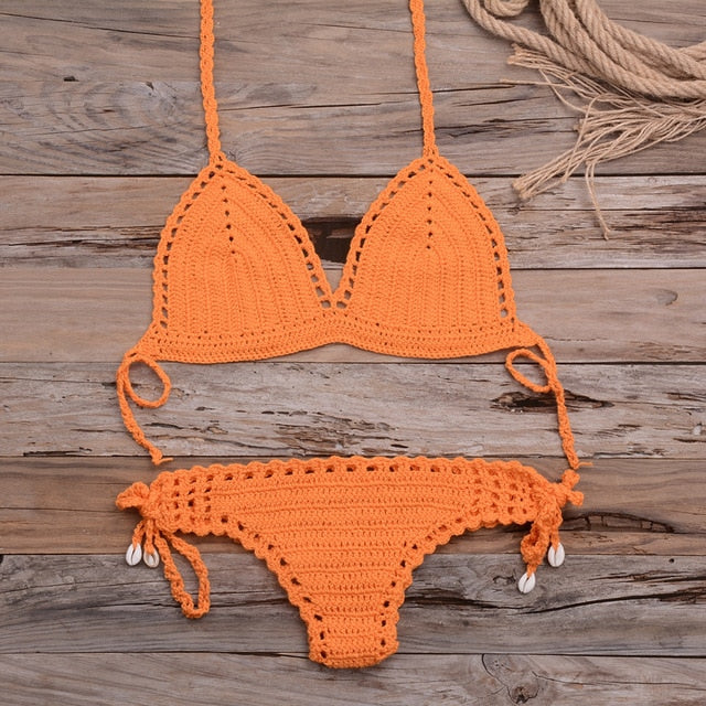 Sexy Crochet Bikini Two Pieces Set Halter Bra Tie Top Knitted Shorts Biquini Summer Beach Swimwear Hollow Swimsuit Bathing Suit-14