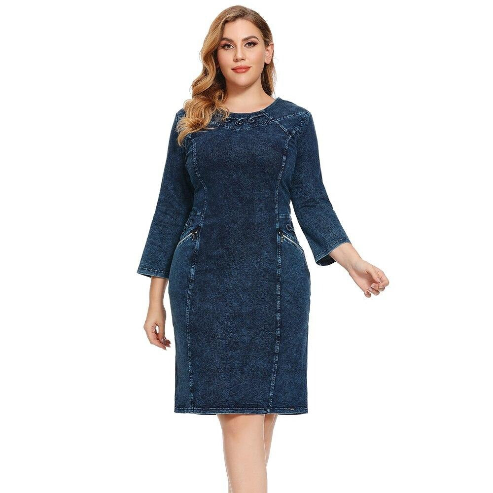 Women's Plus Size Autumn Casual Denim Dress Cotton Knitted Denim High Flexibility Slim Fit Dress Casual Fashion Dress-2