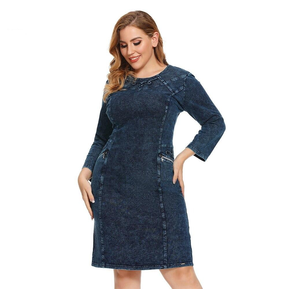 Women's Plus Size Autumn Casual Denim Dress Cotton Knitted Denim High Flexibility Slim Fit Dress Casual Fashion Dress-3