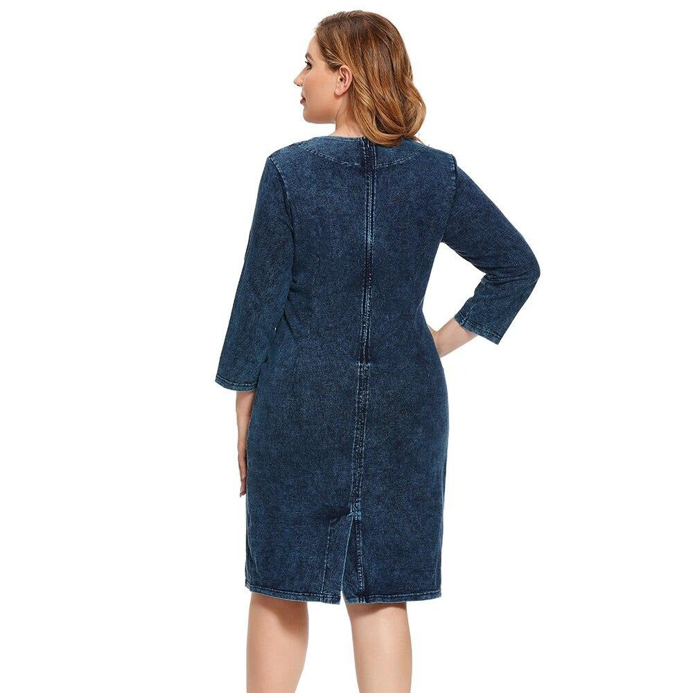 Women's Plus Size Autumn Casual Denim Dress Cotton Knitted Denim High Flexibility Slim Fit Dress Casual Fashion Dress-4