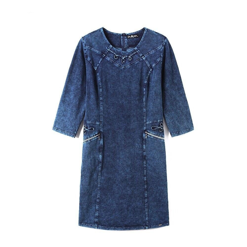 Women's Plus Size Autumn Casual Denim Dress Cotton Knitted Denim High Flexibility Slim Fit Dress Casual Fashion Dress-0