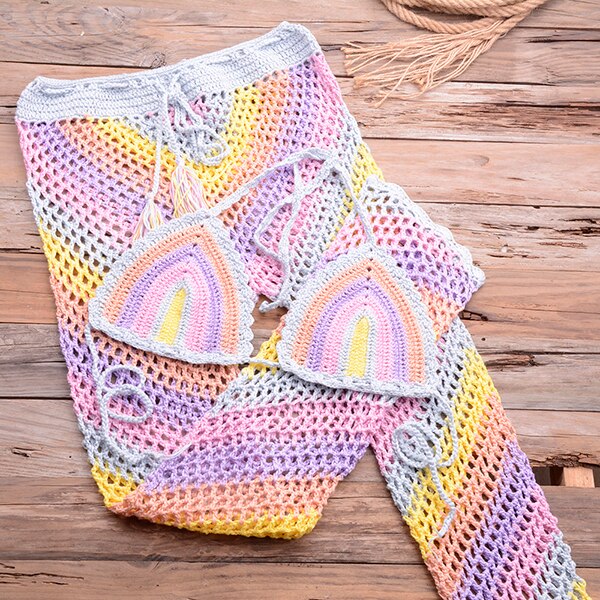 Women Sexy Colorful Crochet Bikini Pants Set Cover-up Sexy Tassel Beach See Through Wide Leg Pants Sea Trouser Bottoms Suit-5