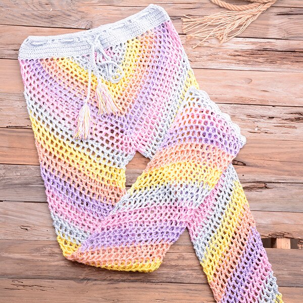 Women Sexy Colorful Crochet Bikini Pants Set Cover-up Sexy Tassel Beach See Through Wide Leg Pants Sea Trouser Bottoms Suit-6