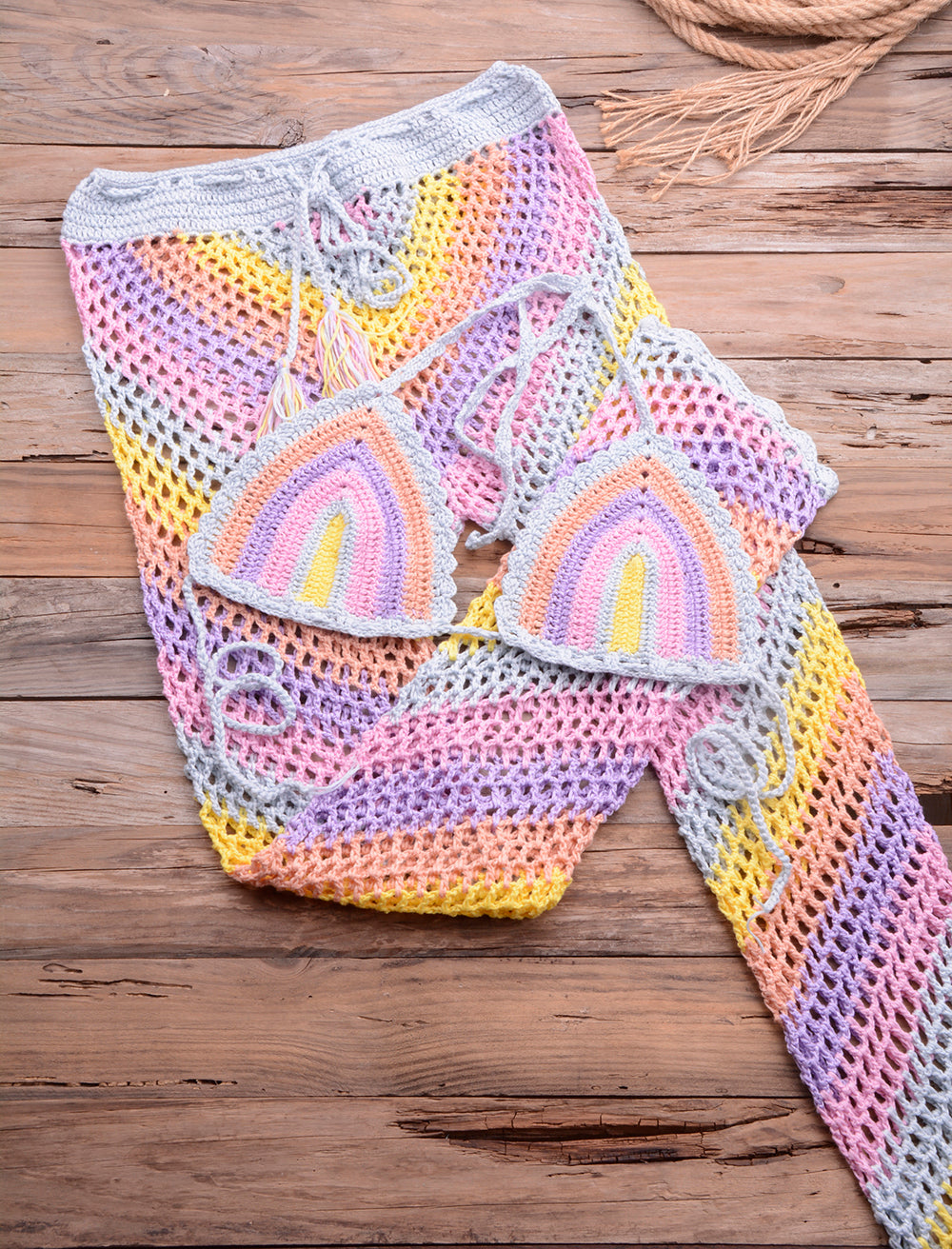Women Sexy Colorful Crochet Bikini Pants Set Cover-up Sexy Tassel Beach See Through Wide Leg Pants Sea Trouser Bottoms Suit-3